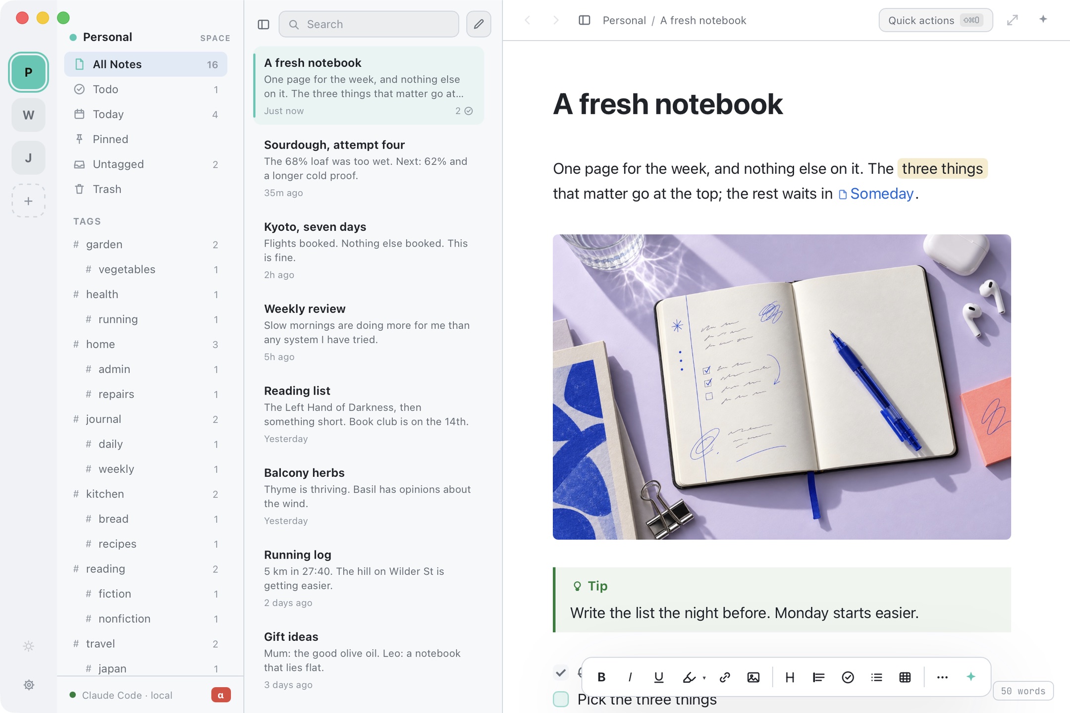 Margin with a full Personal space: nested tags in the sidebar, a list of notes, and a short note open with a highlight, a link, a photo of an open notebook and a tip callout