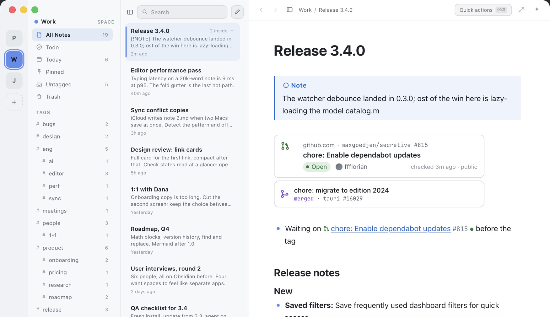 Margin on a MacBook: a release note with a callout, a full card for an open pull request, a compact card for a merged one, the same pull request linked inline, and its release notes